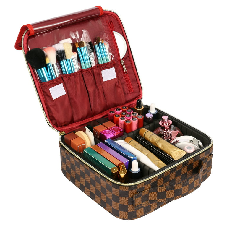 Makeup Bag for Women Checkered Travel Case Leather Cosmetic Organizer Tools Toiletry Jewelry, Size: 10.2 x 9.4 x 3.7, Brown