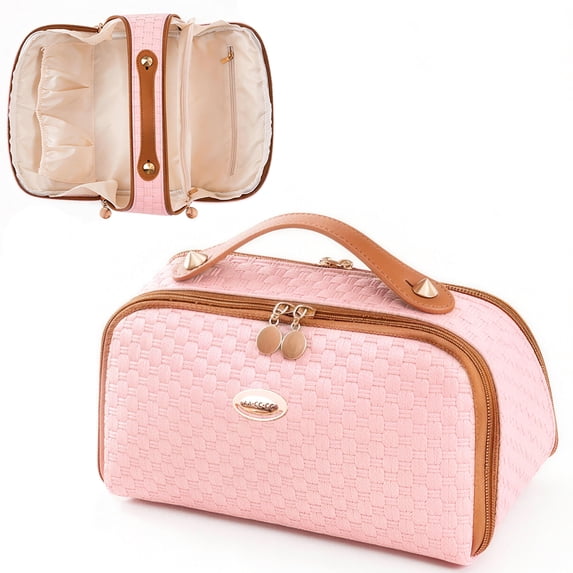 Makeup Bag for Women Cosmetic Bags Large Capacity Travel Toiletry Bag Make up Organizer Open Flat Portable Pouch with Handle, Khaki