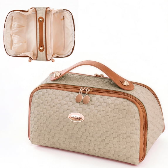 Makeup Bag for Women Cosmetic Bags Large Capacity Travel Toiletry Bag Make up Organizer Open Flat Portable Pouch with Handle, Khaki