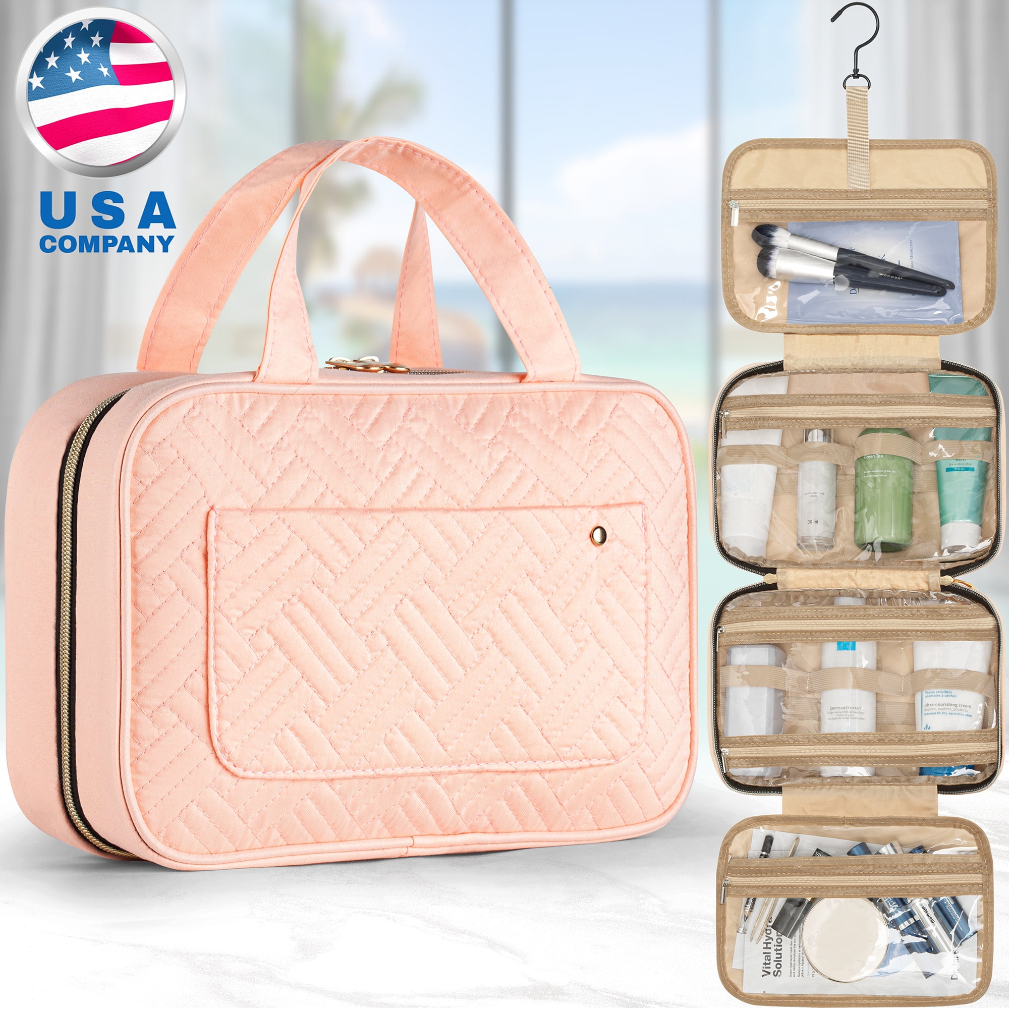 Makeup Bag for Women, Large Capacity Pink Travel Toiletry Cosmetic Bag Hanging Hook Toiletry Bag