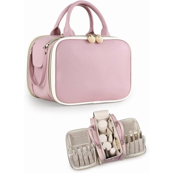 Makeup Bag for Women, Large Capacity Travel Organizer, Portable Open Flat Toiletry Bag with Free-standing Brush Holder and Handle( Large)