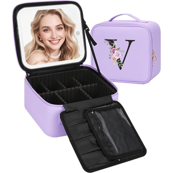 Makeup Bag with LED Mirror, Monogram Cosmetic Train Case, Purple Faux Leather, Letter Print, Zipper Closure