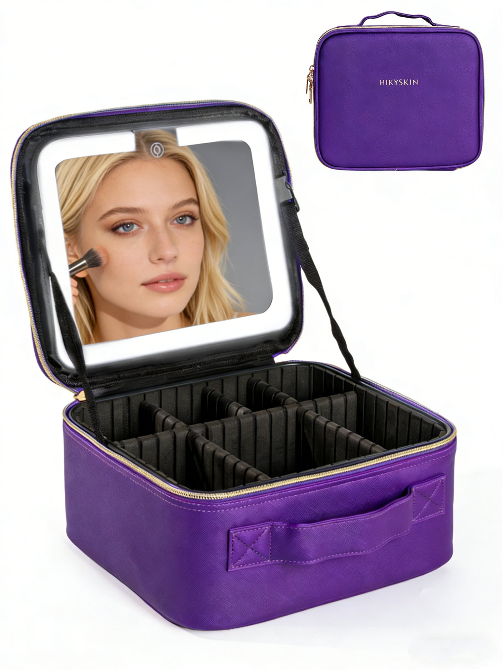 Makeup Bag with Mirror of LED Lighted, Travel Makeup Train Case with Adjustable Dividers, Portable Makeup Cosmetic Bag Organizer(Purple)
