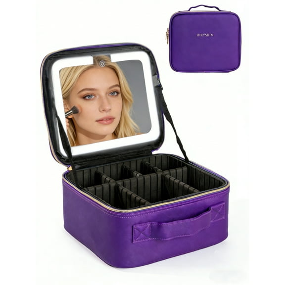 Makeup Bag with Mirror of LED Lighted, Travel Makeup Train Case with Adjustable Dividers, Portable Makeup Cosmetic Bag Organizer(Purple)