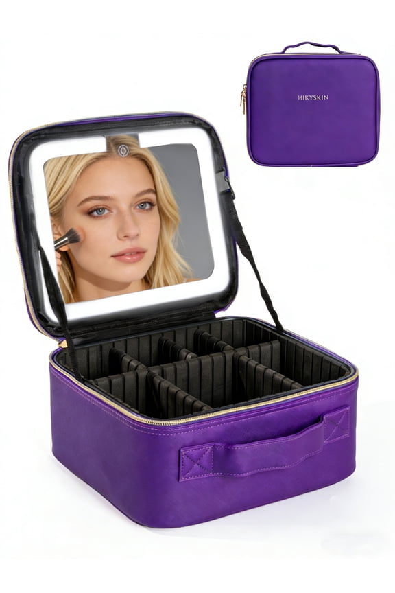 Makeup Bag with Mirror of LED Lighted, Travel Makeup Train Case with Adjustable Dividers, Portable Makeup Cosmetic Bag Organizer(Purple)