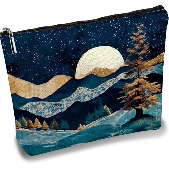 Makeup Bags Canvas Cosmetic Bag Mountains Moon Stars Lake Multi Purpose Pencil Case with Metal Zipper Bag Toiletry Travel Purse Pouches Portable Waterproof for Gift Women 10 x 7Inch