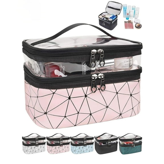 Makeup Bags Double Layer Large Clear Travel Cosmetic Case Toiletry Bag Water-resistant for Women Girls, Pink