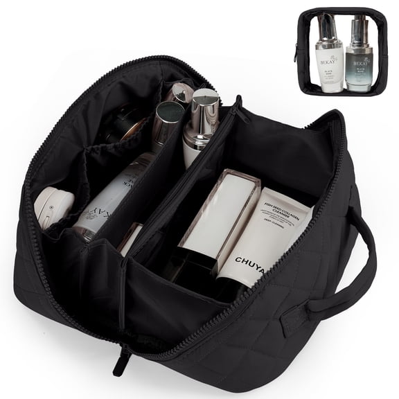 Gynky Large Travel Makeup Bag for Women - Waterproof Cosmetic Bag, Flat Open Toiletry Bag with Ample Space for Skincare, Brushes & Travel Essentials, Portable Design(Black)