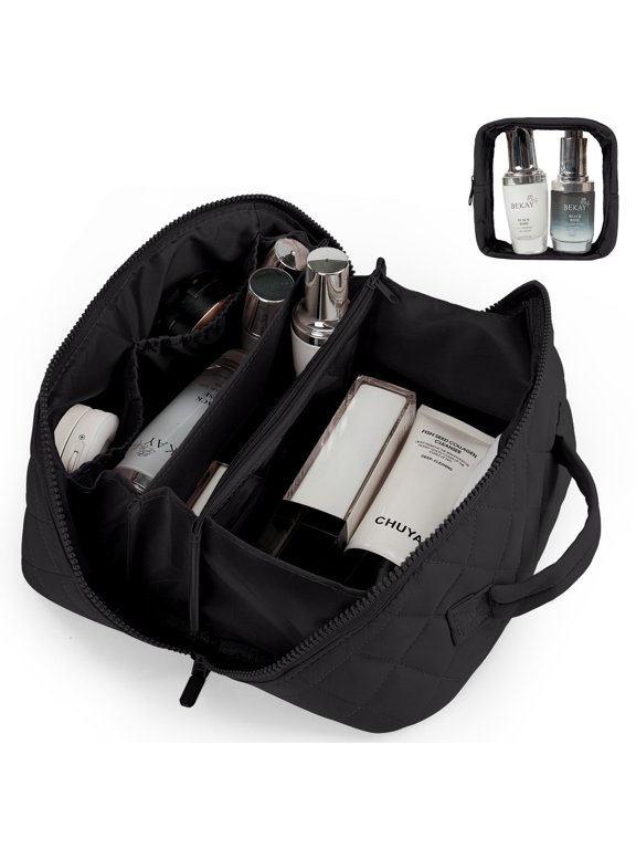 Large Travel Makeup Bag for Women - Waterproof Cosmetic Bag, Flat Open Toiletry Bag with Ample Space for Skincare, Brushes & Travel Essentials, Portable Design(Black)