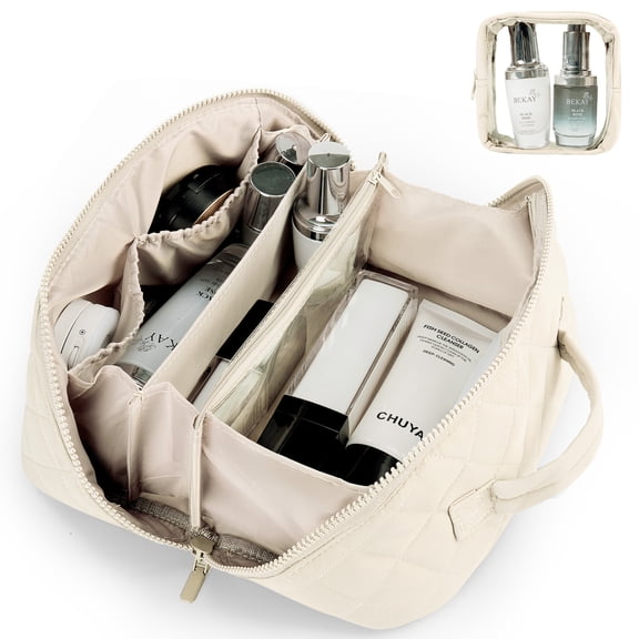 Gynky Large Travel Makeup Bag for Women - Waterproof Cosmetic Bag, Flat Open Toiletry Bag with Ample Space for Skincare, Brushes & Travel Essentials, Portable Design(White)