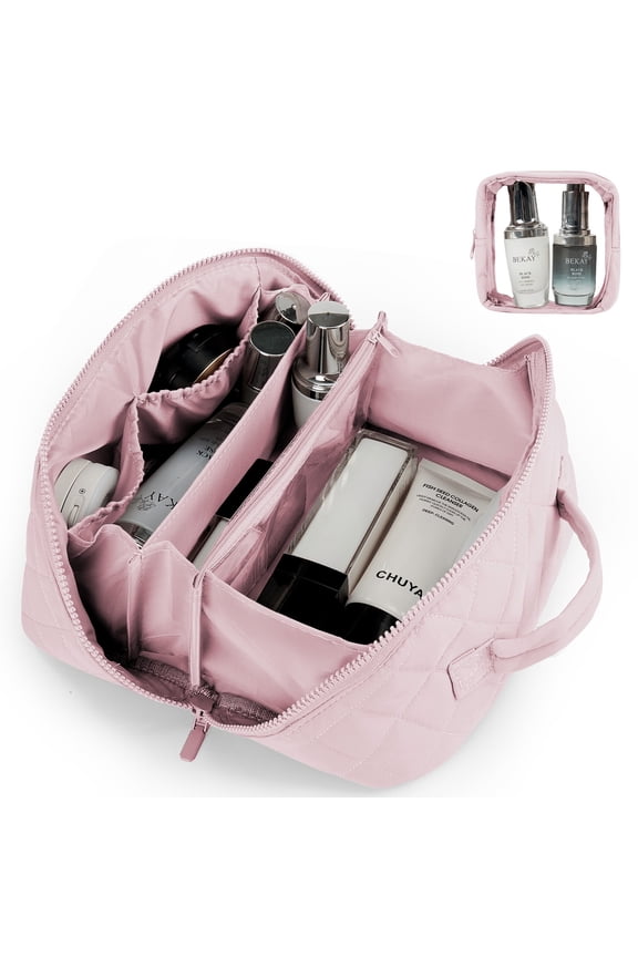 Large Travel Makeup Bag for Women - Waterproof Cosmetic Bag, Flat Open Toiletry Bag with Ample Space for Skincare, Brushes & Travel Essentials, Portable Design(Pink)