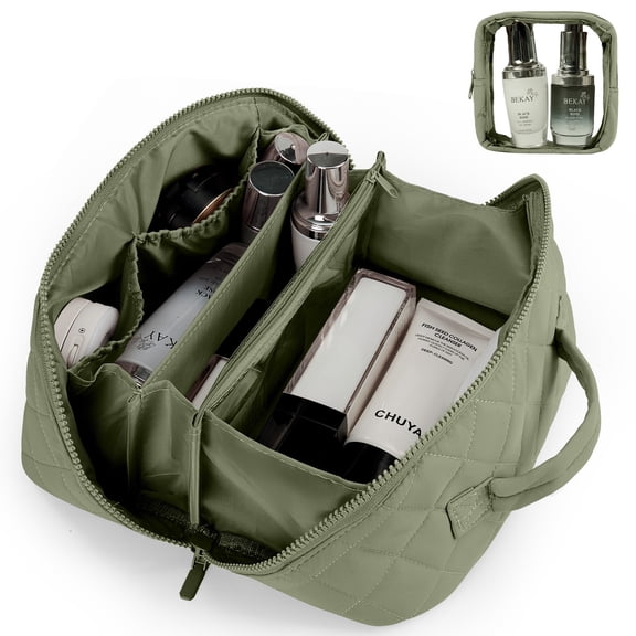 Gynky Large Travel Makeup Bag for Women - Waterproof Cosmetic Bag, Flat Open Toiletry Bag with Ample Space for Skincare, Brushes & Travel Essentials, Portable Design(Green)