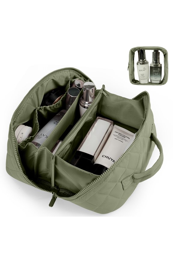 Large Travel Makeup Bag for Women - Waterproof Cosmetic Bag, Flat Open Toiletry Bag with Ample Space for Skincare, Brushes & Travel Essentials, Portable Design(Green)