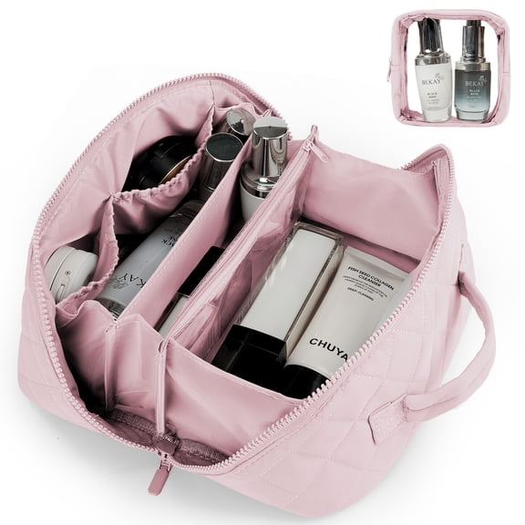Gynky Large Travel Makeup Bag for Women - Waterproof Cosmetic Bag, Flat Open Toiletry Bag with Ample Space for Skincare, Brushes & Travel Essentials, Portable Design(Pink)