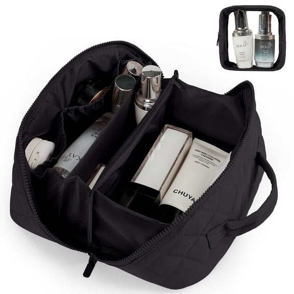 Gynky Large Travel Makeup Bag for Women - Waterproof Cosmetic Bag, Flat Open Toiletry Bag with Ample Space for Skincare, Brushes & Travel Essentials, Portable Design（Black）