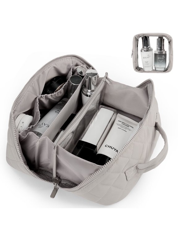 Large Travel Makeup Bag for Women - Waterproof Cosmetic Bag, Flat Open Toiletry Bag with Ample Space for Skincare, Brushes & Travel Essentials, Portable Design(Gray)