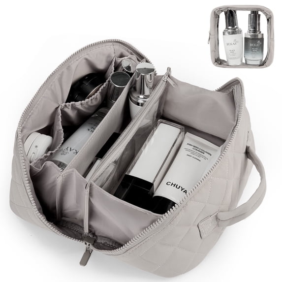 Gynky Large Travel Makeup Bag for Women - Waterproof Cosmetic Bag, Flat Open Toiletry Bag with Ample Space for Skincare, Brushes & Travel Essentials, Portable Design(Gray)