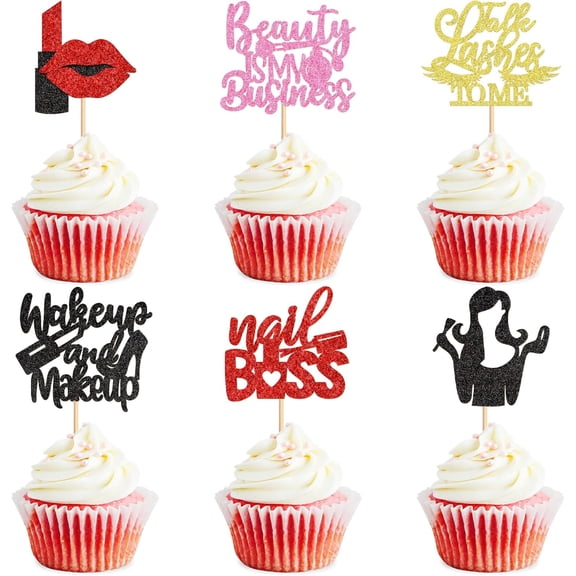 Makeup Beauty Business Themed Glitter Cupcake Toppers 12 Pack Lipstick Lashes Nail Boss Lady Silhouette Cupcake Picks for Makeup Artist Birthday Bachelorette Party