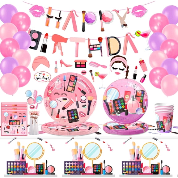 Makeup Birthday Party Supplies, 103pcs Girls Make Up Spa Party Decorations Set - Pink Tablecovers Plates Napkins Banner Balloons Spa Photo Booth Props ect Party Set