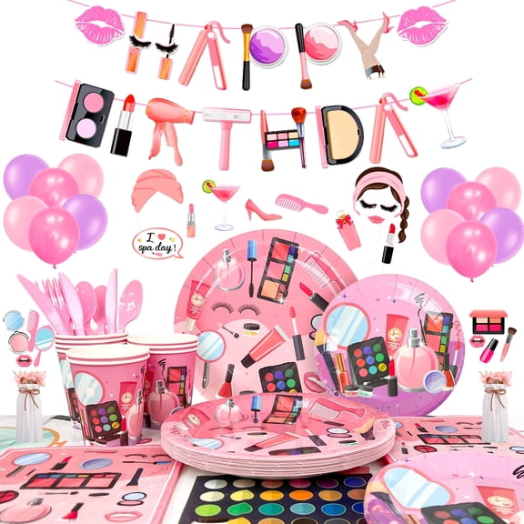 Makeup Birthday Party Supplies,165pcs Spa Party Decorations Set-Makeup Theme Party Decoration Plates Cups Napkin Banner Balloon Photo Booth Props etc Makeup Birthday Party Decorations for Girls Women