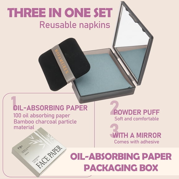 Makeup Blotting Paper with Powder, Black Magnet Blotting Sheet for Oily & Combination Skin Portable Compact with Puff & Mirror Keeps Makeup Fresh All Day 100 Sheets