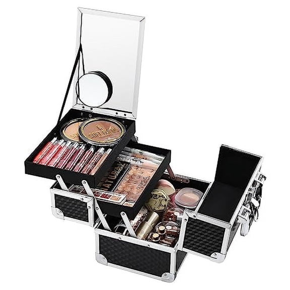 Makeup Box Cosmetic Train Case Portable Makeup Organizer Case with Mirror 2 Tray Make up Storage Case for Nail Teach Craft Sewing Travel Vanity Modern Style Black