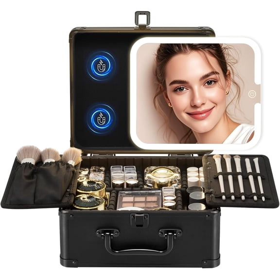Makeup Box with Detachable Lighted Mirror–Travel Train Case, Cosmetic Storage Organizer & Makeup Suitcase with Adjustable Dividers & Magnetic LED Mirror