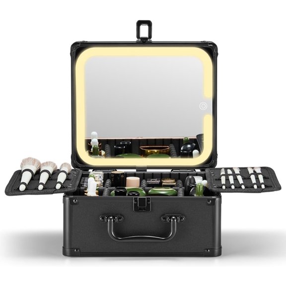 Makeup Box with A Detachable Lighted Mirror, Waterproof Travel Train Case, Cosmetic Organizer and Makeup Suitcase with Adjustable Dividers, Magnetic LED Mirror (Black)