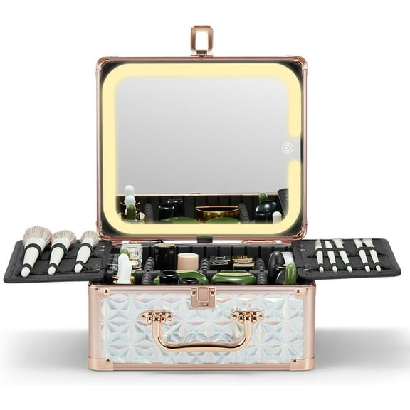 Makeup Box with A Detachable Lighted Mirror, Waterproof Travel Train Case, Cosmetic Organizer and Makeup Suitcase with Adjustable Dividers, Magnetic LED Mirror(Sparkling Blue)