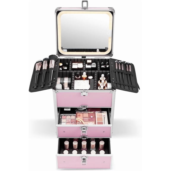 Makeup Box with A Detachable Lighted Mirror, Waterproof Travel Train Case, Cosmetic Organizer and Makeup Suitcase with Adjustable Dividers, Magnetic LED Mirror
