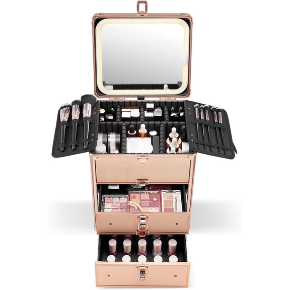 Makeup Box with A Detachable Lighted Mirror, Waterproof Travel Train Case, Cosmetic Organizer and Makeup Suitcase with Adjustable Dividers, Magnetic LED Mirror