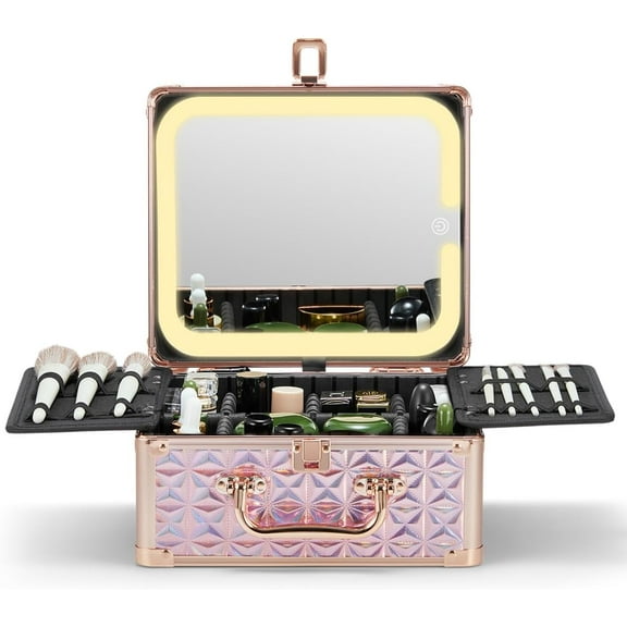 Makeup Box with A Detachable Lighted Mirror, Waterproof Travel Train Case, Cosmetic Organizer and Makeup Suitcase with Adjustable Dividers, Magnetic LED Mirror