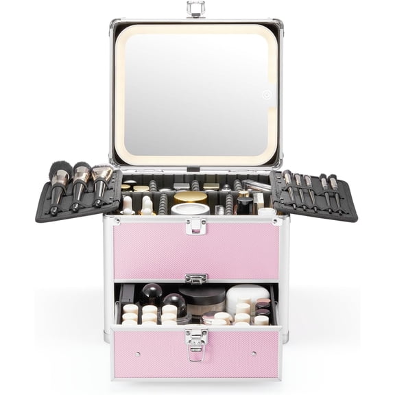 Makeup Box with Drawer and A Detachable Lighted Mirror, Waterproof Travel Train Case, Cosmetic Organizer and Makeup Suitcase with Adjustable Dividers, Magnetic LED Mirror (ICY Pink)