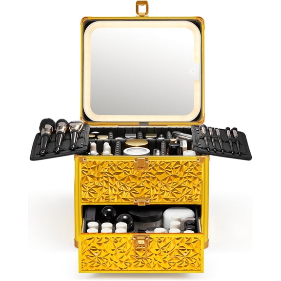 Makeup Box with Drawer and A Detachable Lighted Mirror, Waterproof Travel Train Case, Cosmetic Organizer and Makeup Suitcase with Adjustable Dividers, Magnetic LED Mirror (Luxury Gold)