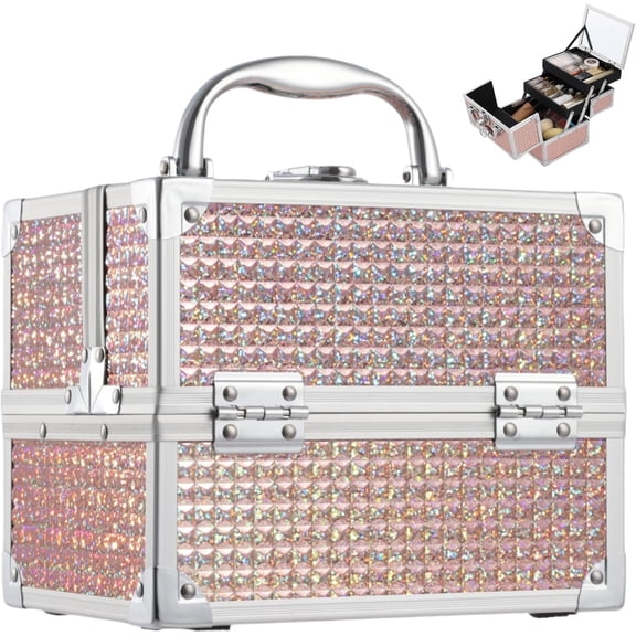 Makeup Box with Mirror, Makeup Organizer Case Case for Girls Women Make up Box Makeup Case Organizer with Lock and Key Storage Vanity for Polishes , Shiny
