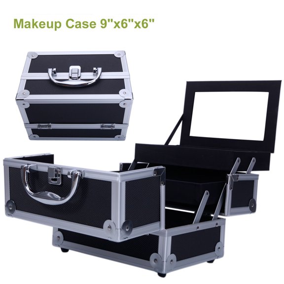 Makeup Box Train Case Large Storage Capacity Portable Travel Cosmetic Organizer with Compartments and 2-Tier Trays with Mirror, Lockable with Keys - Black