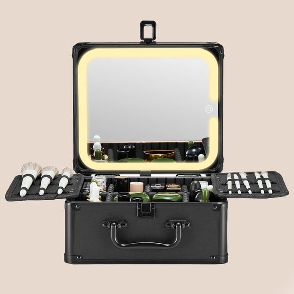 Makeup Box with Detachable Lighted Mirror, Travel Train Case, Cosmetic Organizer and Suitcase with Adjustable Dividers, Magnetic LED Mirror