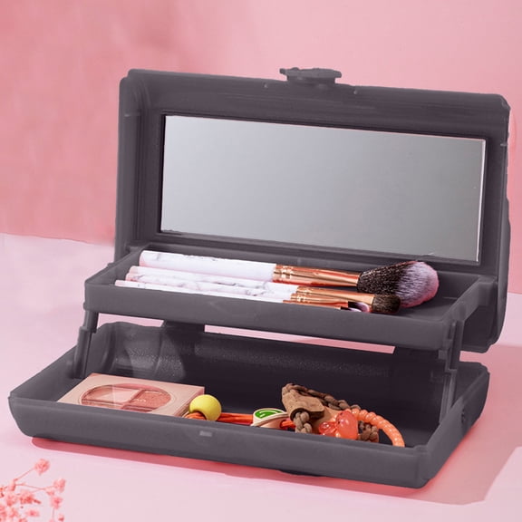 Makeup Box with Mirror 2-Layer Foldable - Portable Travel Cosmetic Case, Compact Vanity Organizer for Students & Daily Use