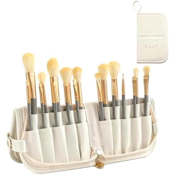 Makeup Brush Bag, Portable Beige PU Leather Cosmetic Brush Holder Organizer, Travel Makeup Brush Pouch for Eyeliner, Brushes, Eyebrow Pencil, 9.1x5.9x1 in