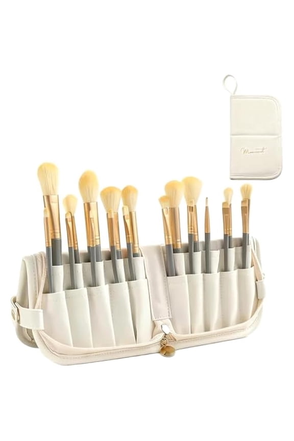 Makeup Brush Bag, Portable Beige PU Leather Cosmetic Brush Holder Organizer, Travel Makeup Brush Pouch for Eyeliner, Brushes, Eyebrow Pencil, 9.1x5.9x1 in