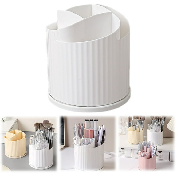 Makeup Brush Holder, 5 Slots 360° Rotating Makeup Brush Organizer, Makeup Organizer Pen Holder for Desk, Cosmetics Skincare Storage for Dresser, Countertop, Vanity & Bathroom, White