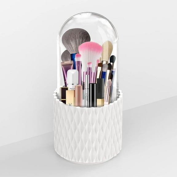 Makeup Brush Holder with Clear Lid, 360 Rotating Make up Organizer 5 Compartments Cosmetics Display Case for Vanity