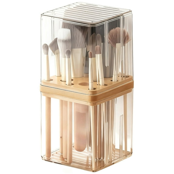 Makeup Brush Holder with Cover,Clear Makeup Brush Organizer with 16 Holes,Dustproof Cosmetic Brush Storage Box,Plastic with Wood Dividers