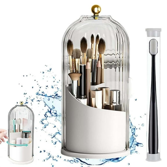Makeup Brush Holder With Lid, 360° Rotating Makeup Organizer Clear Makeup Brush Organizer Makeup Holder Makeup Vanity Organizer Make Up Brush Holder(One Size,White)