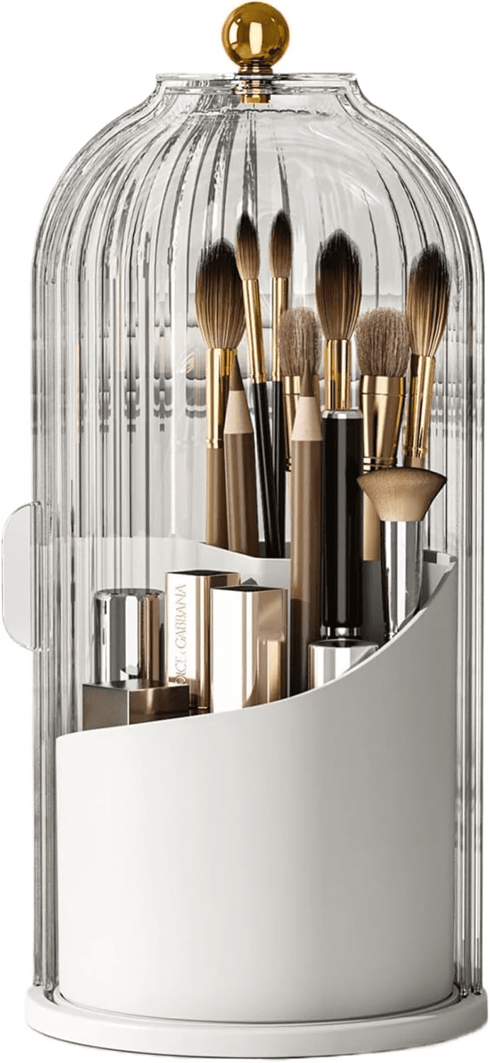 Makeup Brush Holder with Lid, Cosmetic Tools Organizer 360 Rotating Waterproof Dustproof Makeup Brushes Storage for Vanity Desktop Bathroom Countertop, Transparent