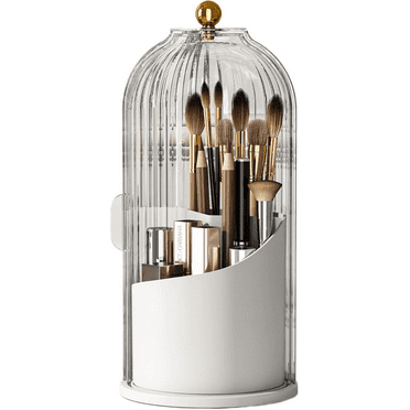 Makeup Brush Holder with Lid, Cosmetic Tools Organizer 360 Rotating Waterproof Dustproof Makeup Brushes Storage for Vanity Desktop Bathroom Countertop, Transparent