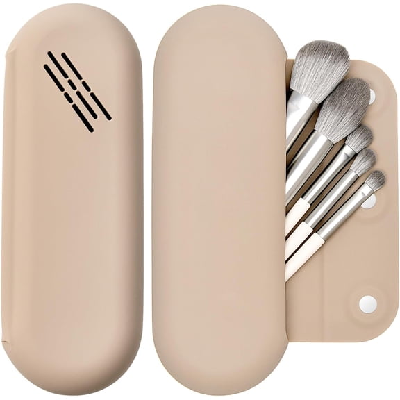 Makeup Brush Holder Magnetic Closure Make Up Brushes Organizer Silicone Makeup Bag Travel Essentials (Khaki)