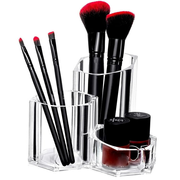 Makeup Brush Holder Organizer, 3 Slot Acrylic Cosmetics Brushes Pen Storage Solution, Clear