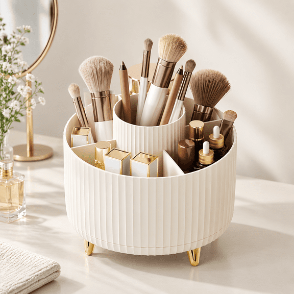 Makeup Brush Holder Organizer 360 Rotating 5 Slot Make Up Brushes Cup Fors Polish Art Supply Bathroom Vanity Desktop - Cream