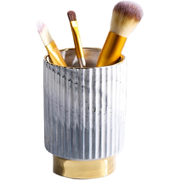 Makeup Brush Holder Organizer Pen Pencil Cup Glass Make Up Brushes and Toothbrush Organizer for Bathroom Vanity Desktop European Style Striped Brushes Container,Grey and Gold
